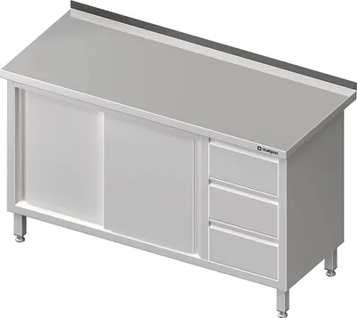 Produktbild von Arbeitsschrank mit Schiebetüren, 1300x700x850 mm, mit 3er Schubladenblock rechts, mit Aufkantung, verschweißt