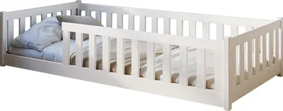 Image de Lit d'enfant lit de sol 80x180 cm Lit avec matelas, protection contre les chutes & sommier Montessori Lit d'enfant lit d'adolescent lit simple | blanc bois garçon fille