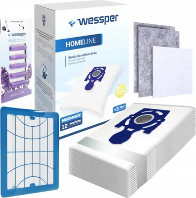 Zdjęcie produktu dla Wessper HomeLine 12× worki do odkurzacza + filtr HEPA + 3 filtry uniwersalne + 5 pałeczek zapachowych do Zelmer Odyssey i nie tylko