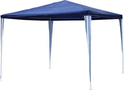 A blue gazebo with silver legs on a white background.