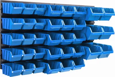 Image de Système de stockage Etagère murale 770 x 390 mm | 36 pcs. Box | Bacs gerbables Rayonnage pour bacs à bec | Panneaux muraux extra-forts | Rayonnage extensible | Rayonnage d'atelier Rayonnage de stockage Rayonnage mural d'atelier Rayonnage emboîtable