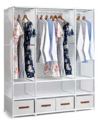 Produktbild von Zimilo Stoffkleiderschrank, 144 x 45 x 166,5 cm, 3 Kleiderstangen, 4 Boxen mit Vorhang, Offenes Regal, Mobiler Kleiderschrank, Weiß