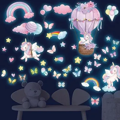 Productafbeelding van PromoHome® Set van lichtgevende eenhoorn-wandstickers voor kinderkamers – Gloeiende sterren, een regenboog en vlinders, zelfklevend