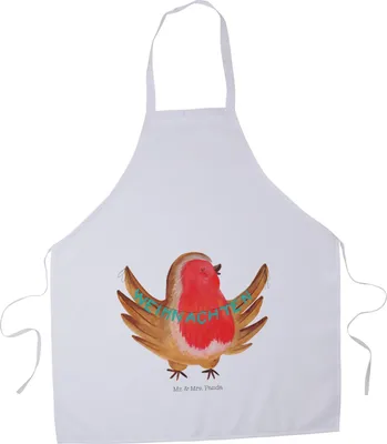 Produktbild von Mr. & Mrs. Panda Küchenschürze Rotkehlchen Weihnachten - Weiß - Geschenk, Heiligabend, Barkeeper Schürze, Kochschürze, Küchenzubehör, Weihnachtsmotiv, Bäckerschürze
