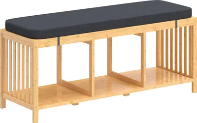 Obrázok produktu pre Bambusová lavica na topánky s vankúšom, otvorený úložný priestor, nosnosť 220 kg