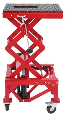 Obrázek produktu pro Zvedák na motocykly – nůžkový zvedák – nosnost 200 kg – rozsah zdvihu 35–87 cm – plošina 41×34 cm – ocel a guma – červený