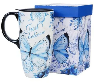 Immagine prodotto di Tazza in Vetroceramica con coperchio e confezione regalo, capacità 500 ml, decorata con farfalle, colore blu