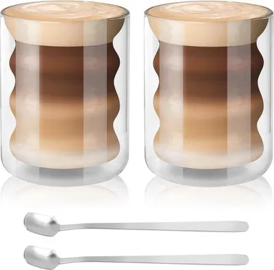 Image de Unyqoos® : Ensemble de 2 verres à latte macchiato à double paroi, capacité de 200 ml, en verre borosilicaté thermorésistant, avec 2 cuillères à remuer en acier inoxydable
