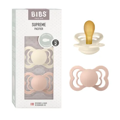 Produktbild von BIBS Supreme Schnuller 2er-Pack, BPA-frei, Symmetrischer Nippel. Naturkautschuk / Latex, Hergestellt in Dänemark. Größe 2 (6-18 Monate), Ivory / Blush