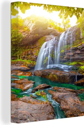 Produktbild von MuchoWow® - Leinwandbilder - Natur - Wasserfall - Pflanzen - Bäume - Sonne, Wandbild, Wanddeko Bilder Wohnzimmer, 60x80 cm
