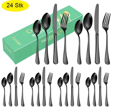 Produktbild von 24 Stück Besteck Set, Schwarz Mattiert Essbesteck Set für 6 Personen, Besteck Edelstahl Spiegelpoliert, Messer Gabel Löffel Set