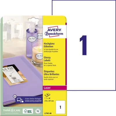 Zdjęcie produktu dla Avery L7767-40, Biały, Samoprzylepne etykiety do drukowania, A4, Papier, Laser, Na stałe