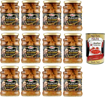Produktbild von Berni Funghi alla Fiamma con Olio Extra Vergine di Oliva Flammpilze mit Nativem Olivenöl Extra 12x 350 g+ Italian Gourmet polpa 400g