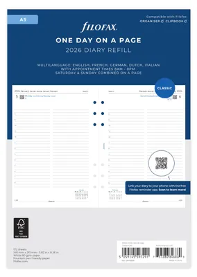 Produktbild von Filofax Terminplaner 26-68515, A5, Tag pro Seite, 5 Sprachen, 2026