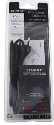Image de ERARD - Chargeur 4 USB vers 230V - 4.4A Max - 1m - 728904