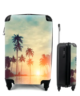 Produktbild von MuchoWow® Koffer Handgepäck Trolley Rollkoffer Kleine Reisekoffer mit 4 Rollen - Meer - Sonnenuntergang - Palme - Wolken - Cabin Size < 55x40x23 cm & 55x40x20 cm - Fotokoffer - Kabinenkoffer - Boardgepäck - Reise-Box - Reisekoffer - Reisegepäck - Koffer mit Bild - Trolley für Kinder