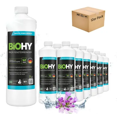 Produktbild von BiOHY Profi Fensterreiniger + Dosierer, Glasreiniger, Fensterputzmittel, 12 x 1 l