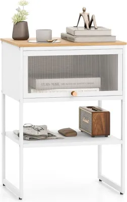 Produktbild von Nachttisch Beistelltisch Holz Nachtschrank mit Metallrahmen & Ablage & durchsichtiger Tür 40 x 32 x 56 cm Weiß
