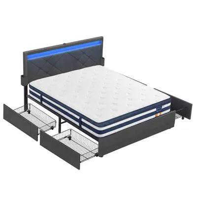 Produktbild von VASAGLE Polsterbett und 7-Zonen Matratze Set, 160 x 200 cm, mit LED, 4 Schubladen, USB, H3, Grau und Blau