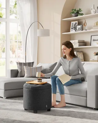Produktbild von SONGMICS Sitzhocker rund, Fußhocker mit Stauraum, Schminkhocker mit Beinen, 45 cm d, 44,5 cm H, bis 150 kg belastbar