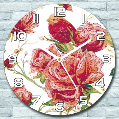 Produktbild von Wanduhr aus Glas Rund fi 30 Rote Vögel & Blumen Quarz Deko Wohnzimmer Büro