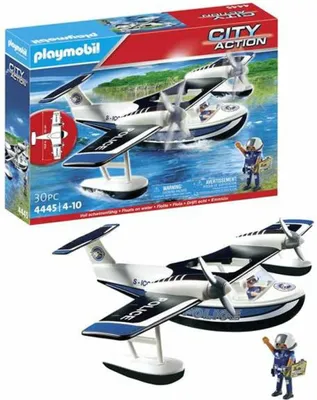 A Playmobil police seaplane toy set, shown both in its packaging and as a separate assembled toy with a figure.
