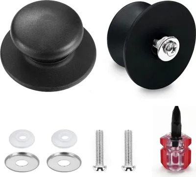 A collection of pot lid knobs and accessories, including screws, washers, and a small screwdriver, laid out against a white background.
