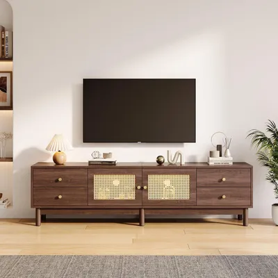 Image de Meuble TV 180 cm, bois et rotin, couleur marron, avec 4 tiroirs et 2 portes