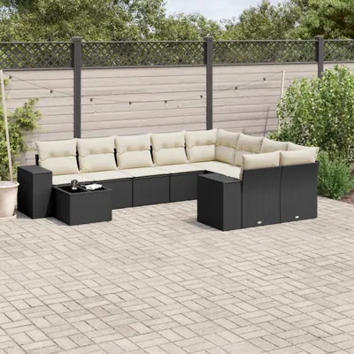 Produktbild von Design 10-tlg. Garten-Sofagarnitur mit Kissen Schwarz Poly Rattan, Gartenmöbel-Sets 2024 Neu