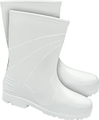 A pair of white rubber boots.