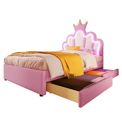Produktbild von Abrihome Polsterbett Kinderbett 90x200 cm mit LED und 2 Schubladen, Prinzessinnenbett Kronenförmiges Kopfteil, PU, Rosa