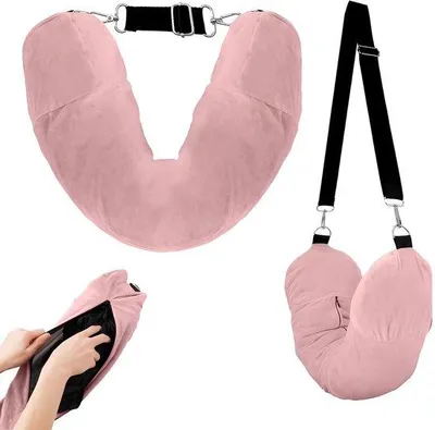 Imagen del producto de Almohada inflable para el cuello Unyqoos®: suave, compacta y de felpa, en color rosa, ideal para viajes en avión, coche y camping