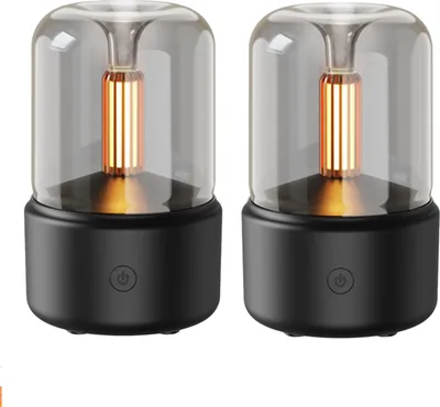 Produktbild von 2X Aroma Diffusor im Kerzenlicht-Stil, Retro USB Luftbefeuchter 120ml Air Humidifier, warmweißes Nachtlicht leiser Vernebler Raumbefeuchter für Büro Zuhause Yoga,Schwarz Luftbefeuchter