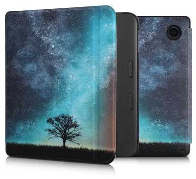 Produktbild von kwmobile Schutzhülle für Tolino Vision 6 Hülle - eReader Flip Case mit Auto Sleep Funktion - Galaxie Baum Wiese mit Blau Grau Schwarz