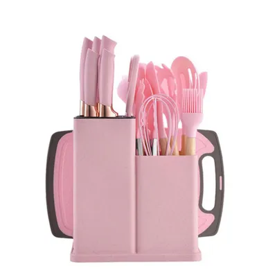 Produktbild von Fine Life Pro Kochbesteck-Set und Küchenmesser Set 19-tlg Silikon-Küchenutensilien Set, hitzebeständig, antihaftend, Rosa