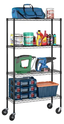 Metallregal 4 Etagen mit Rollen, 36x14x58 cm, schwarz