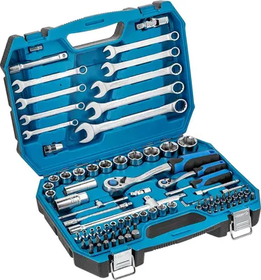 Produktbild von Högert Technik - Werkzeugset, Steckschlüssel, Bits und Zubehör, Legiertem Chrom-Vanadium-Stahl, Gesenkgeschmiedet, Ratschenmechanik mit 72 Sperrklinken, HT1R425 - 85-tlg