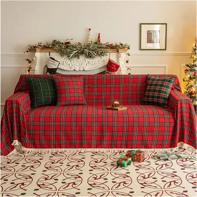 Produktbild von Weihnachts-Sofaüberwurf, Tagesdecke, Chenille-Quasten-Überwurfdecke, Sofabezug, Weihnachts-Sofaüberwurf-Schutz, Weihnachtsdekoration (Rot, 180x260cm)