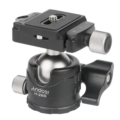 Produktbild von Andoer H28S Mini-Kugelkopf, 360-Grad-Panorama, flacher Tischkopf, Einbeinstativ, Stativ, Kugelkopfhalterung mit Schnellwechselplatte und Wasserwaage, kompatibel mit DSLR-Kameras