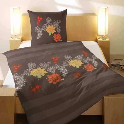 Produktbild von Magita Edelflanell Bettwäsche Braun Streifen Blumen 100% Baumwolle Reißverschluss Bettbezug Kissenbezug Bettgarnitur Bettzeug 135x200 cm