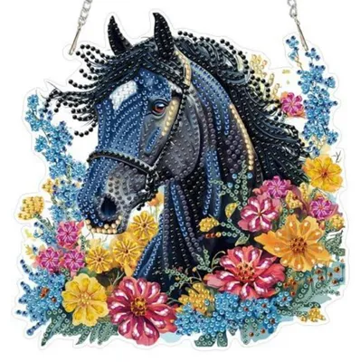 Produktbild von 5D Diamond Painting Fensterbilder Pferdeblumen, Beidseitig Anhänger, Hängende Deko Kit 20x20cm