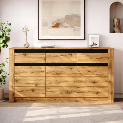 Image de Buffet Merax au design ondulé, avec 3 tiroirs et 9 compartiments de rangement, commode en aggloméré, meuble de salon avec étagères réglables, finition naturelle