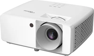 A white Optoma projector is shown from a front-diagonal angle against a white background.