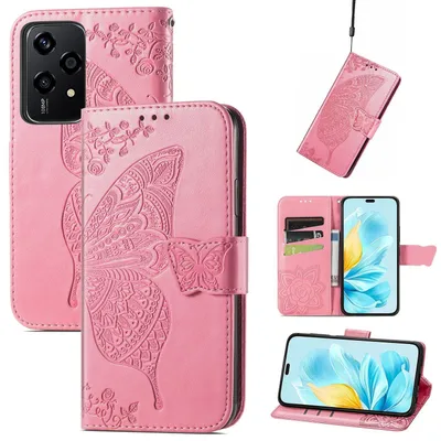 Image de Étui portefeuille en similicuir pour Honor 200 Lite, motif papillon, rose