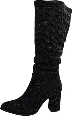 A black, knee-high boot covered in rhinestones.
