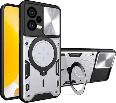 Produktbild von Handyhülle für Xiaomi Redmi Note 12 5G /Poco X5 Dual-Layer Stoßfest Rüstung Hülle mit Dia Kameraschutz und Kreisförmig Ring Ständer Silber