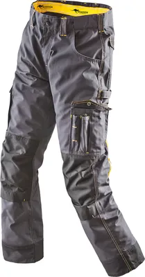 A pair of gray cargo pants with yellow accents, presented against a white background.