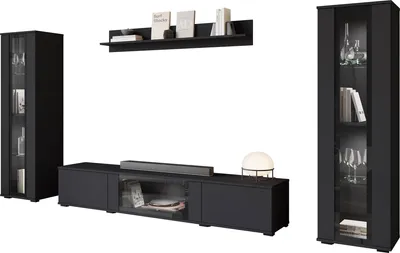 Produktbild von MIRJAN24 Wohnwand Caro, TV-Möbel, Große Anbauwand, Schrankwand, Wohnzimmer-Set (Farbe: Schwarz, mit weißer LED Beleuchtung)
