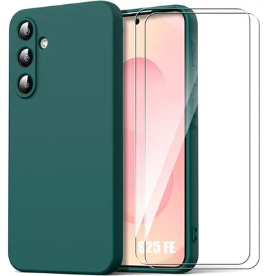 Image de Coque + 2 Verres Trempés pour Samsung Galaxy S25 FE, Protection Silicone Souple Slim Anti-Rayures Vert Nuit