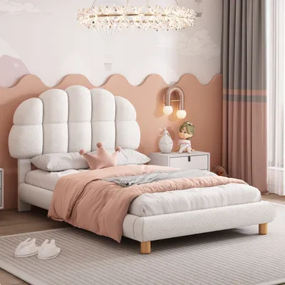 A child's bedroom with a bed, nightstand, and wall decor.